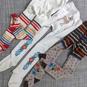 Lot of 3 fun girls tights floral, deer, rainbow stripe